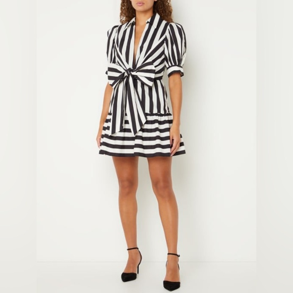 NWOT FARM Rio Mixed Stripes Black & White Short Sleeve Mini Dress Women’s XXS - Picture 5 of 16